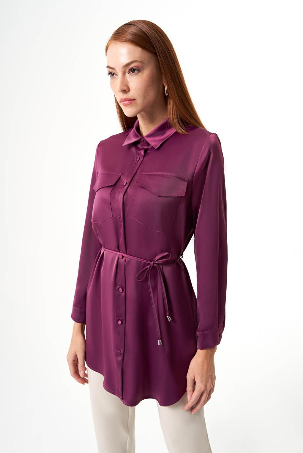 Satin Dusty Rose Tunic with Pocket Detail