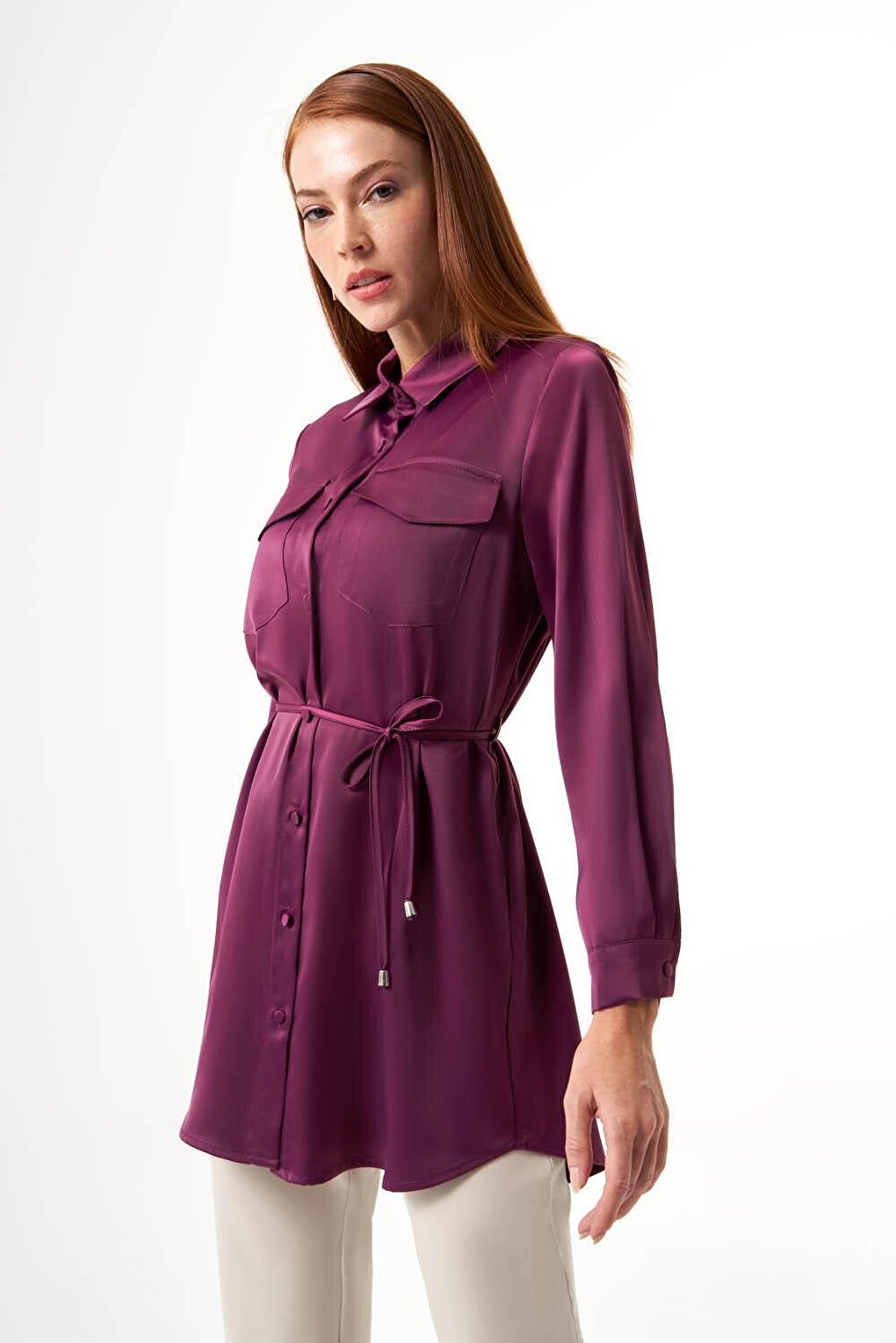 Satin Dusty Rose Tunic with Pocket Detail