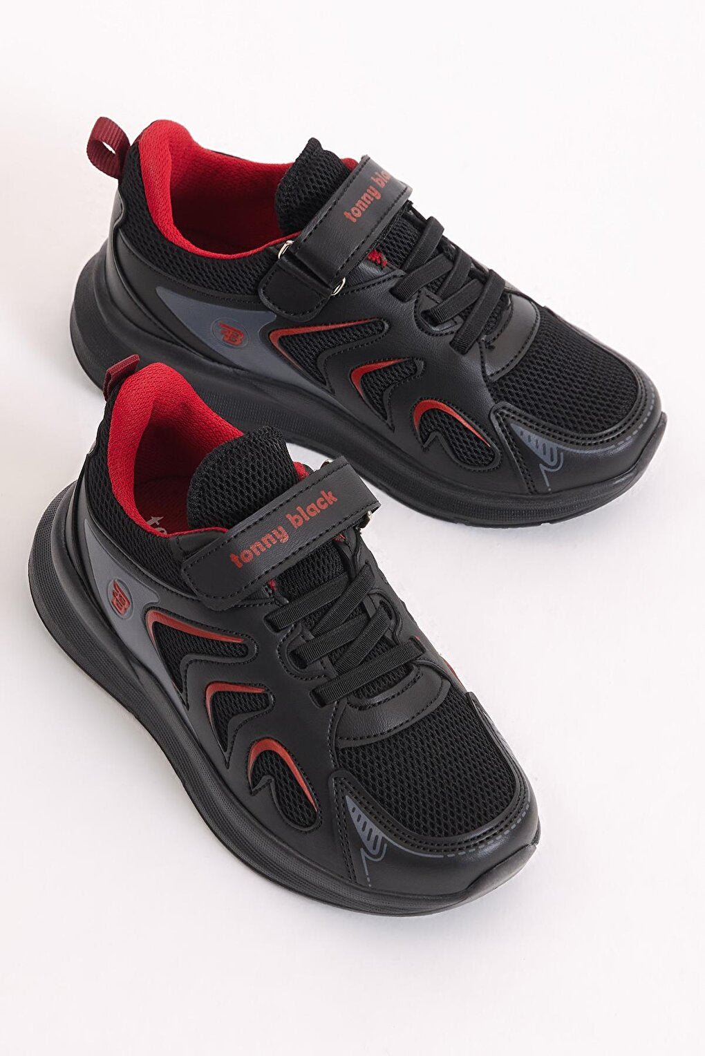 Children's Unisex Black Red Breathable Fabric Patterned Velcro Sports Shoes