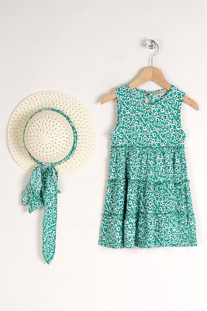 Girl's Green Colored Floral Patterned Dress with Hat Accessories