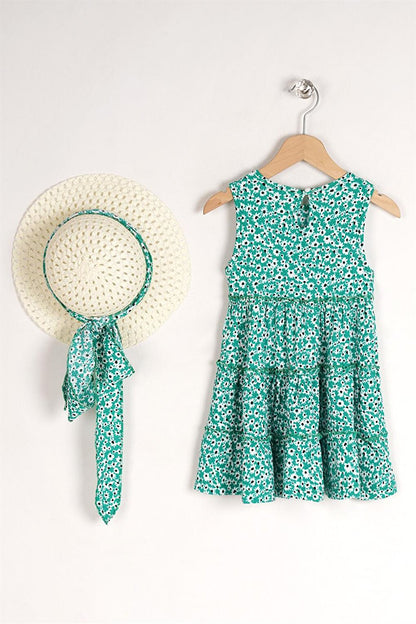 Girl's Green Colored Floral Patterned Dress with Hat Accessories