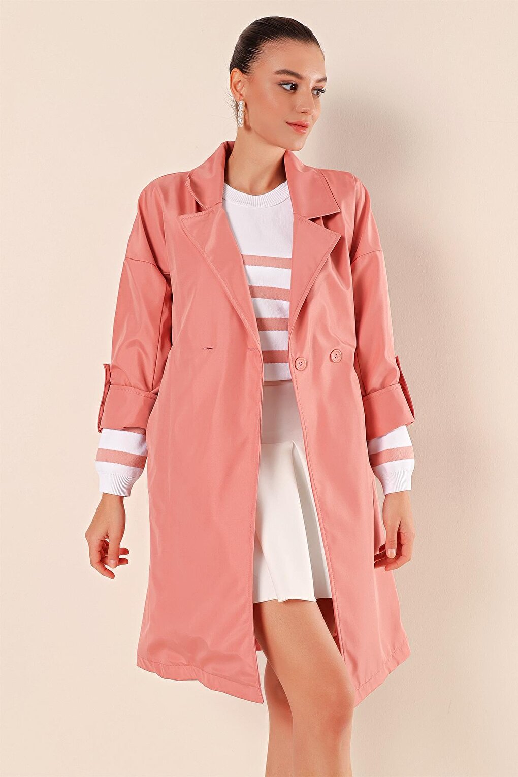 9104 Double Breasted Collar Lined Trench Coat - Pink