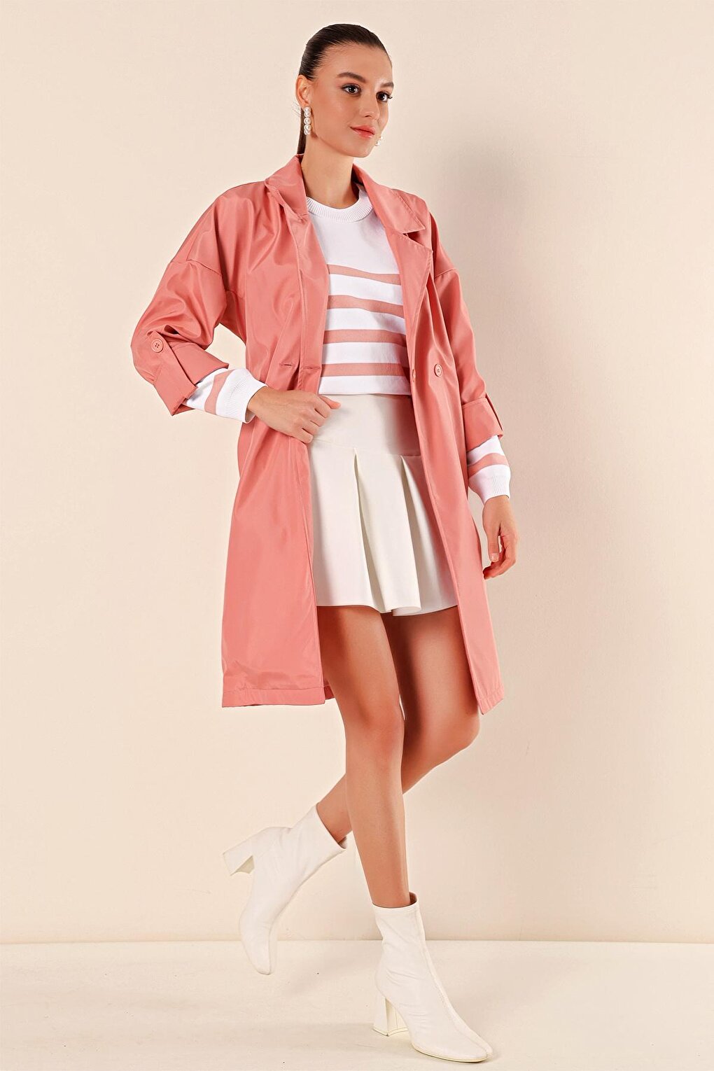 9104 Double Breasted Collar Lined Trench Coat - Pink