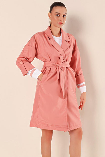 9104 Double Breasted Collar Lined Trench Coat - Pink