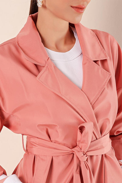 9104 Double Breasted Collar Lined Trench Coat - Pink