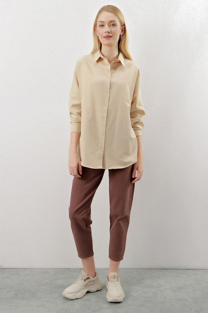 Women's Beige Plain Plain Araboy Basic Oversize Shirt