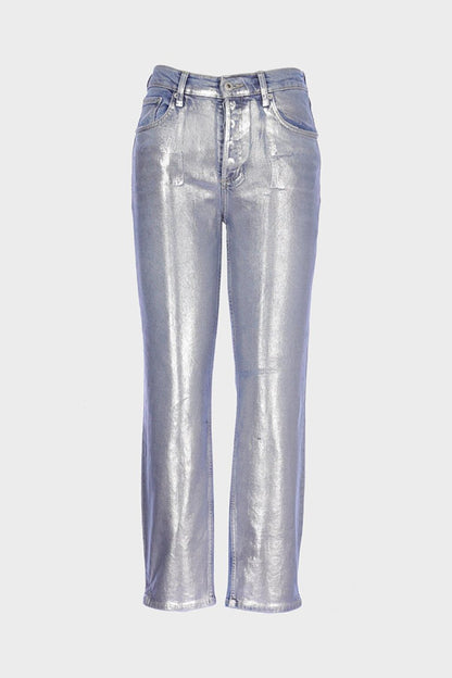 Sydney Silver Full Foil Printed High Waist Buttoned Slim Straight Jean Trousers C 4529-071