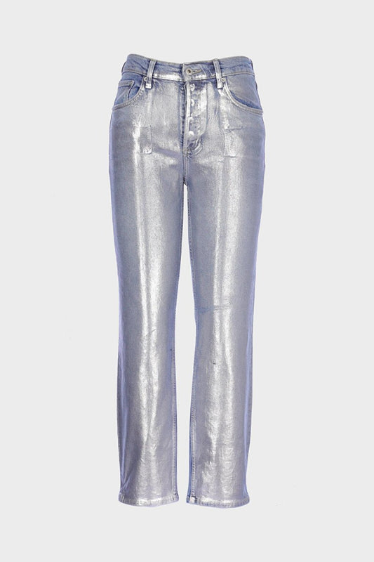 Sydney Silver Full Foil Printed High Waist Buttoned Slim Straight Jean Trousers C 4529-071