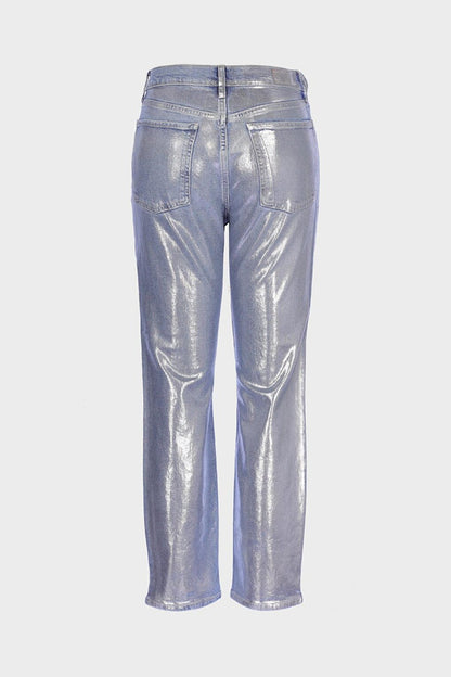 Sydney Silver Full Foil Printed High Waist Buttoned Slim Straight Jean Trousers C 4529-071