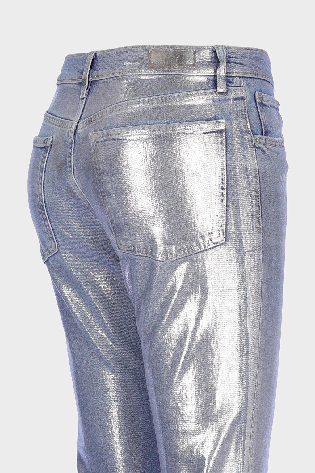 Sydney Silver Full Foil Printed High Waist Buttoned Slim Straight Jean Trousers C 4529-071