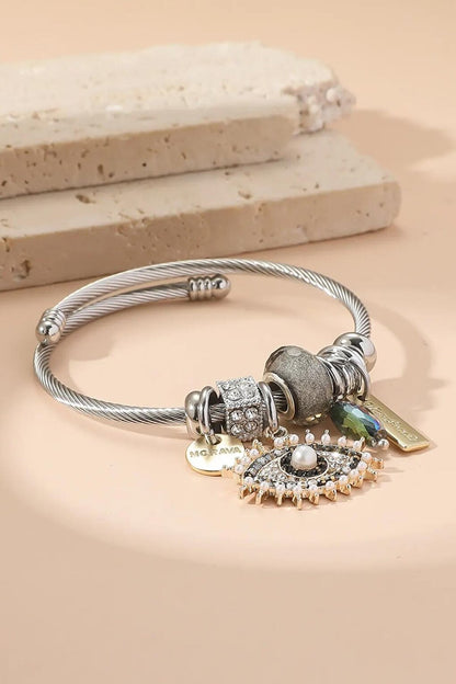 Steel Pandora Bracelet with Eye Figure and Murano Mini Pearl String