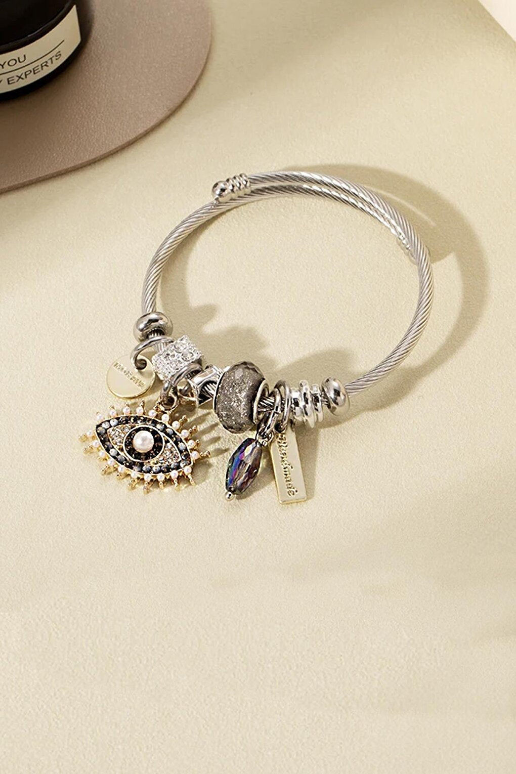 Steel Pandora Bracelet with Eye Figure and Murano Mini Pearl String