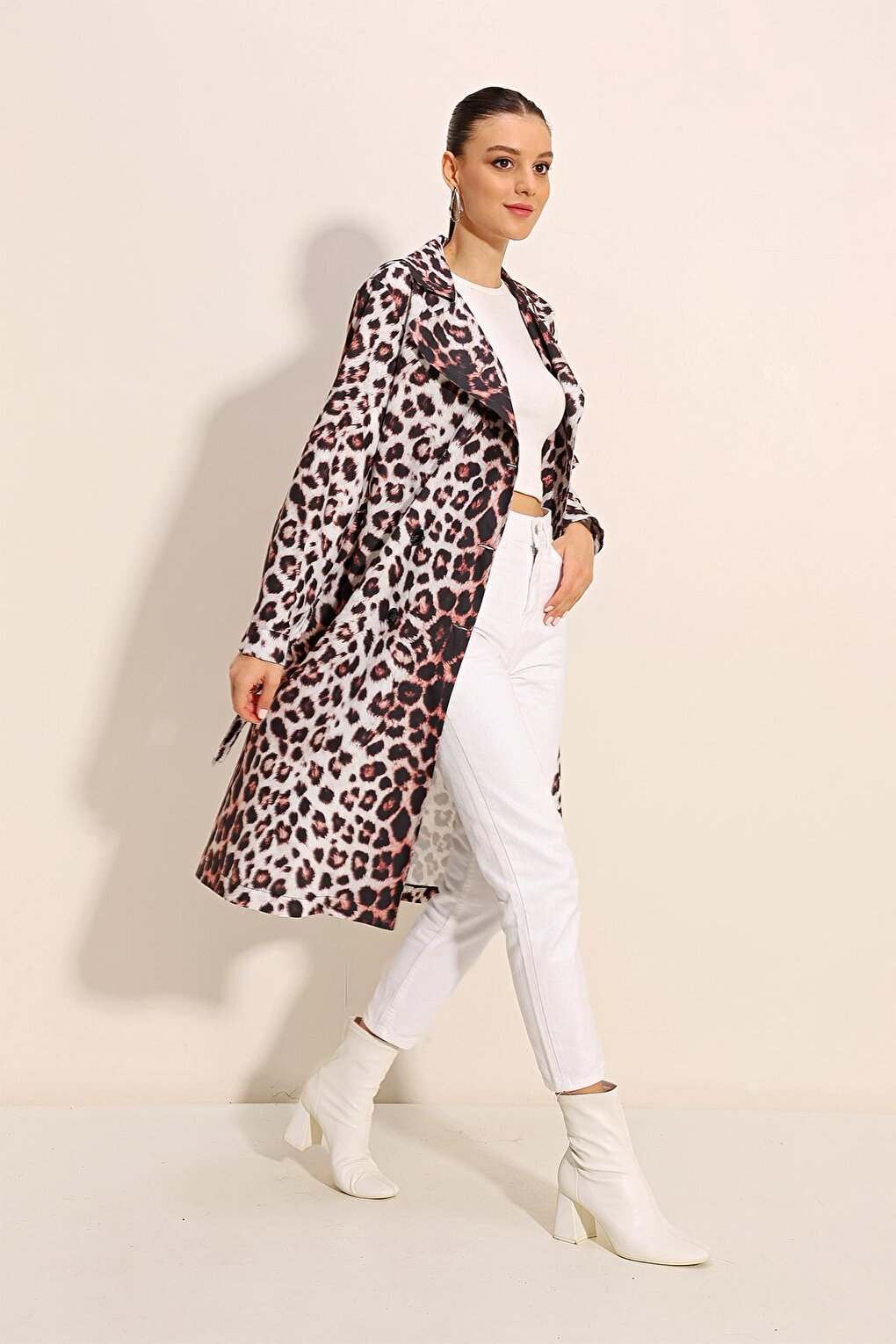 5853 Patterned Double Breasted Collar Trench Coat - Ecru