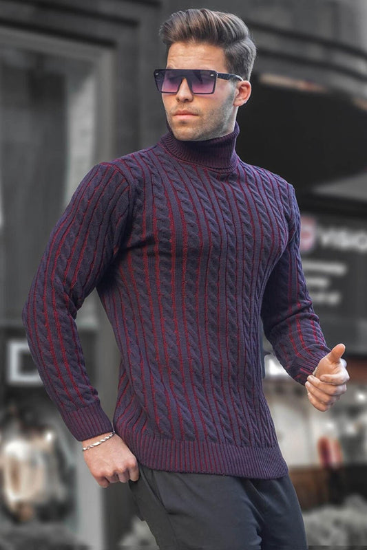 Navy Blue Turtleneck Knitted Detailed Sweater 6317