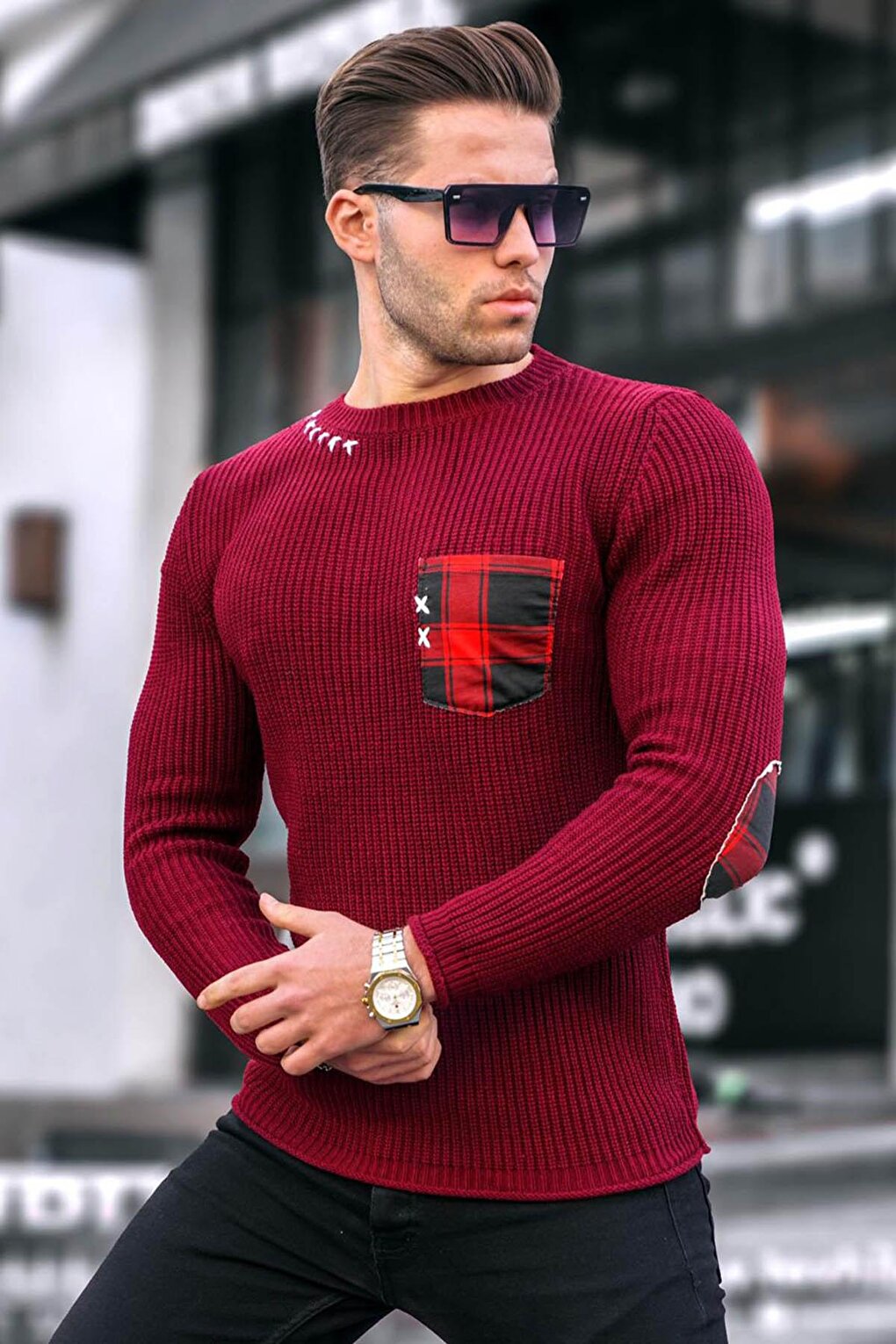 Claret Red Plaid Detailed Knitwear Sweater 2771-1