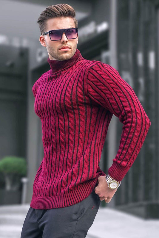 Claret Red Turtleneck Knitted Detailed Sweater 6317