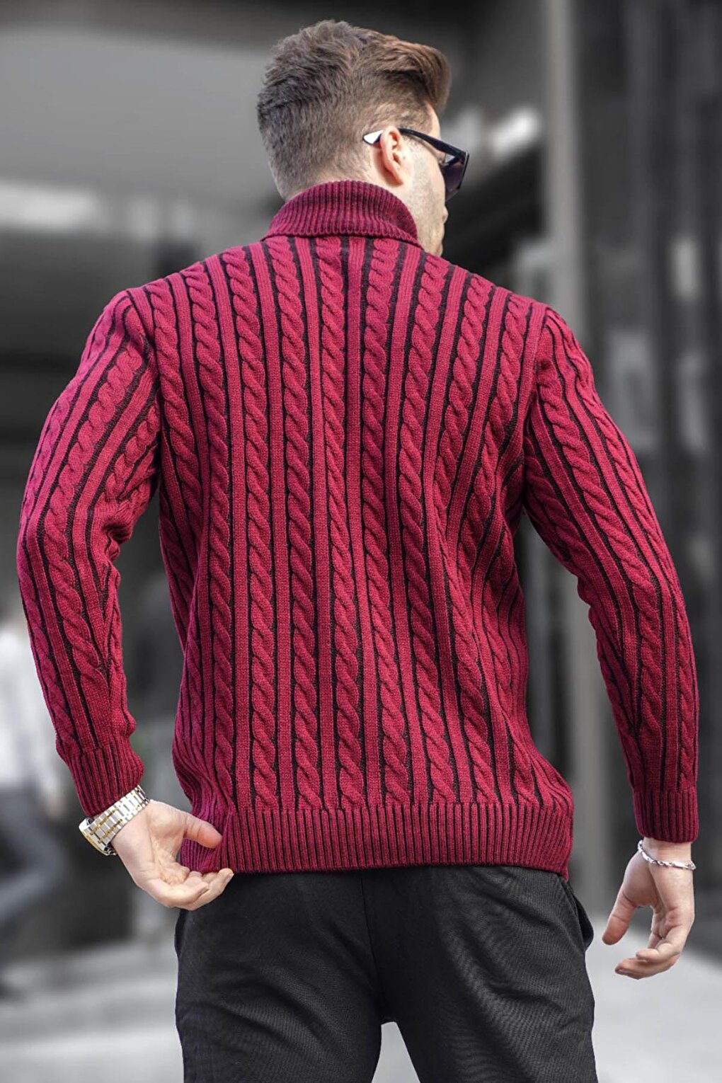 Claret Red Turtleneck Knitted Detailed Sweater 6317