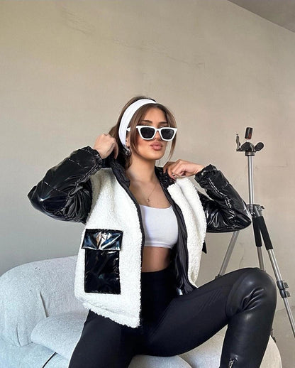 Women's White Black Patent Leather Lined Hooded Crop Plush Jacket with Elastic Waist HZL24W-BRC144441