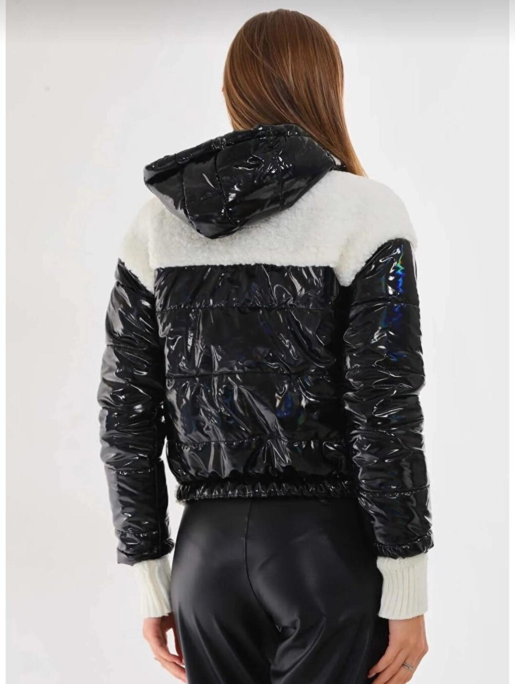 Women's White Black Patent Leather Lined Hooded Crop Plush Jacket with Elastic Waist HZL24W-BRC144441