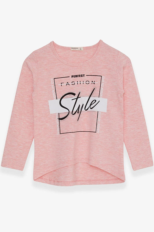 Girl's Long Sleeve T-Shirt Stone Text Printed Salmon Melange (6-12 Years)