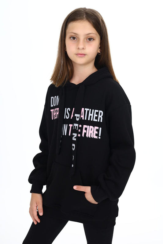 Black Text Printed Fleece Girl's Hooded Sweatshirt 16771