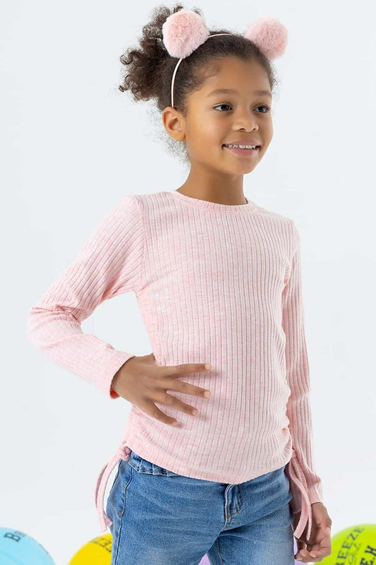 Girl's Long Sleeve Blouse with Gathered Sides Salmon Melange (Ages 8-14)