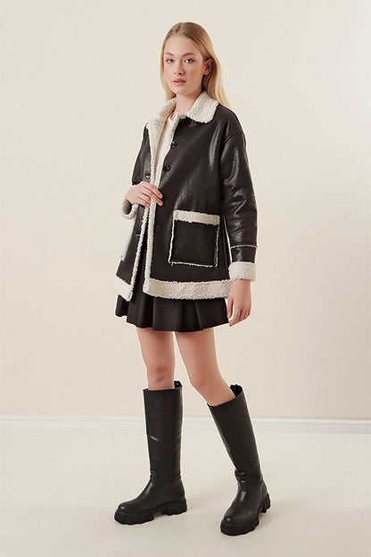 Women's Black Collar and Fur Inside Faux Leather Coat with Buttons on the Front Hzl23w-bd191001