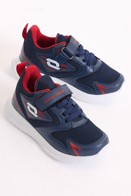 Children's Unisex Navy Blue Red Breathable Fabric Patterned Velcro Sports Shoes