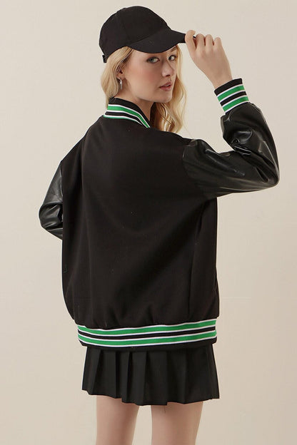 Women's Black Green Letter Embroidered Sleeves Faux Leather Snap Closure College Knitted Coat HZL23W-BD1554071