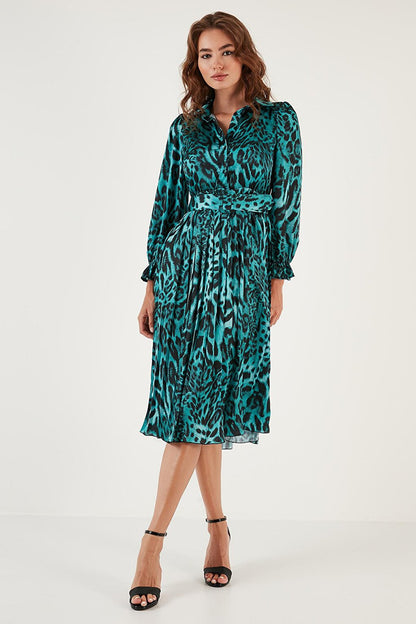 Leopard Patterned Belted Sleeve Detailed Pleated Midi Dress 611EL201