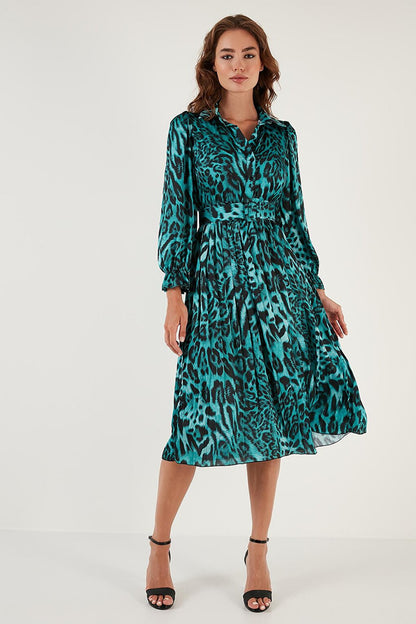 Leopard Patterned Belted Sleeve Detailed Pleated Midi Dress 611EL201