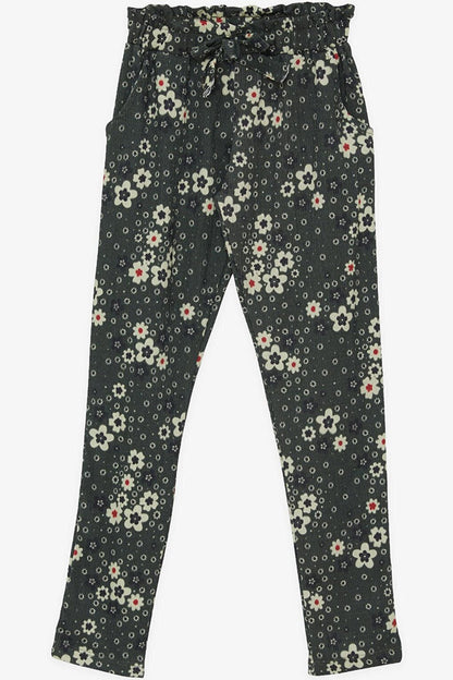 Girl's Leggings Trousers Bow Floral Khaki Green (6-12 Years)