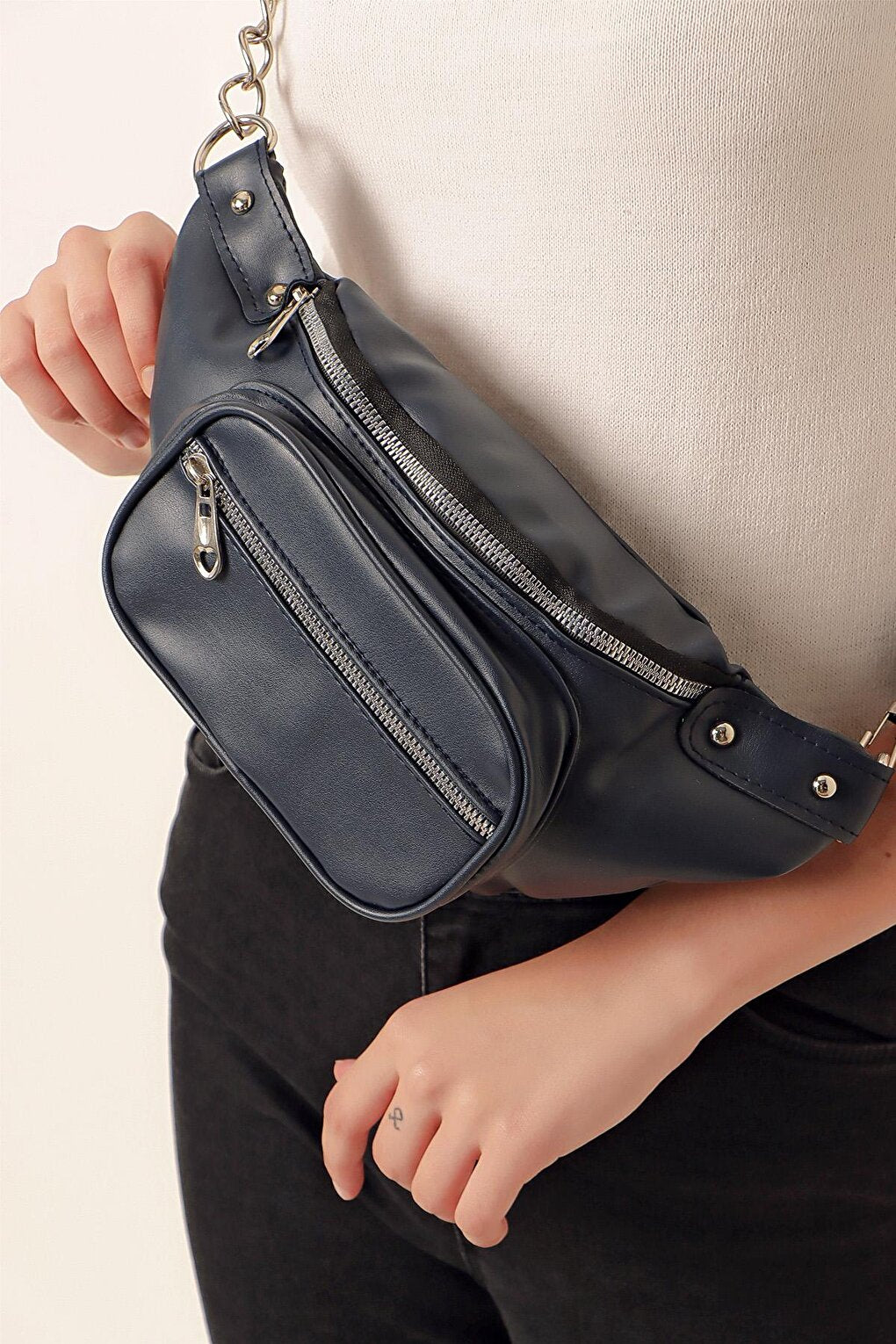 01077 Double Compartment Waist Bag - Navy Blue