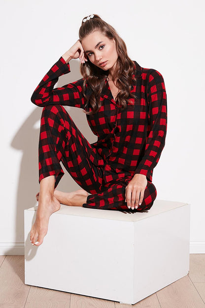 Patterned Elastic Waist Shirt Collar Woven Pajama Set 6095660