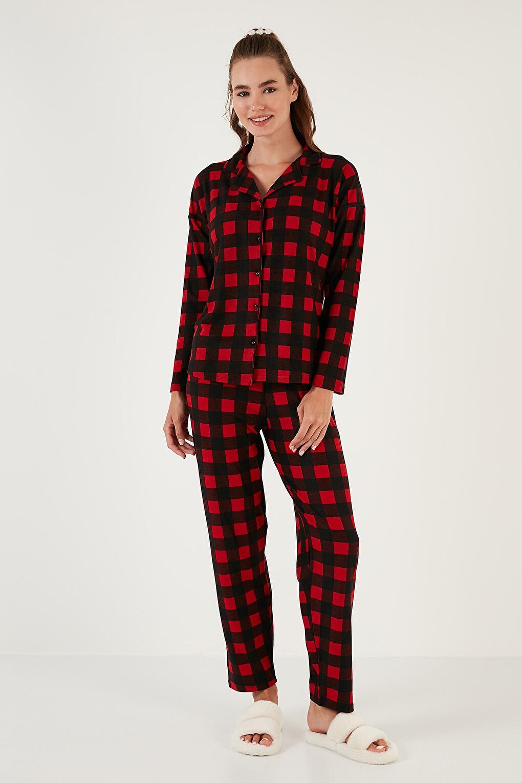 Patterned Elastic Waist Shirt Collar Woven Pajama Set 6095660