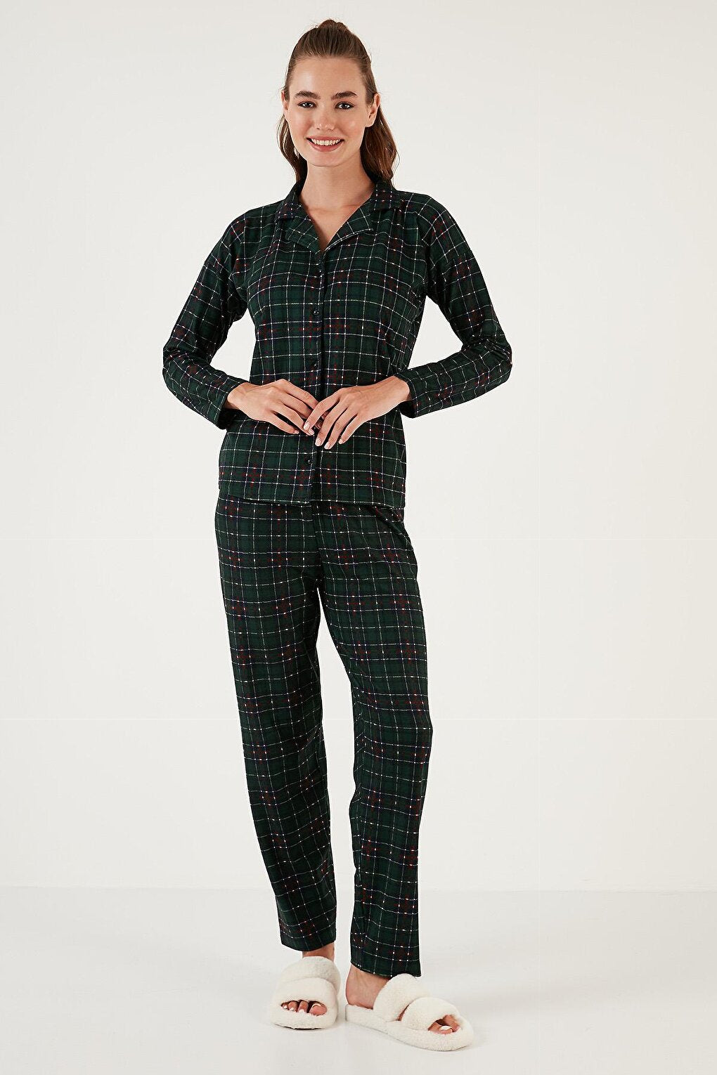 Patterned Elastic Waist Shirt Collar Woven Pajama Set 6095660