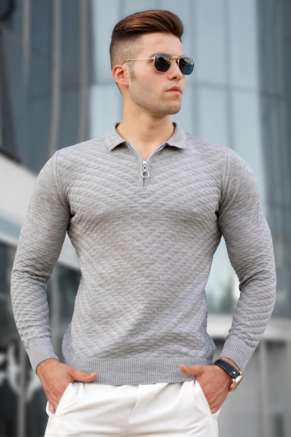 Gray Zippered Knitwear Men's Sweater 5605