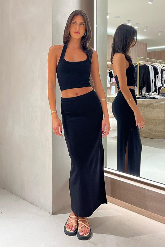 Black Basic Slit Detailed Women's Long Skirt MG1650