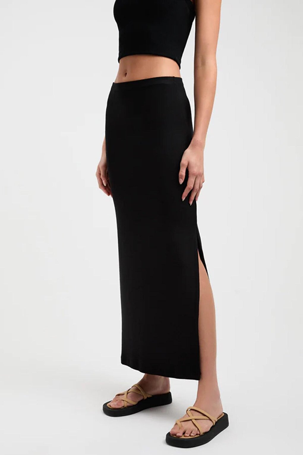 Black Basic Slit Detailed Women's Long Skirt MG1650