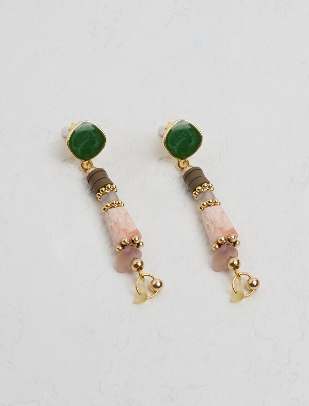 Light Green Stone Figured and Beaded Dangle Earrings