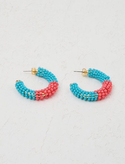 Blue Beaded Half Hoop Earrings