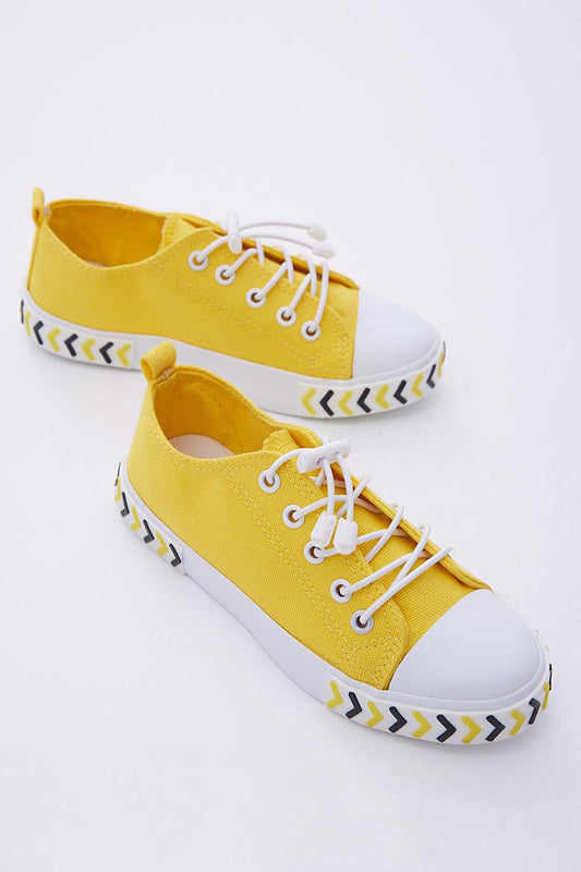 Children's Unisex Yellow Comfortable Fit Arrow Detailed Rubber Lace Fabric Sports Shoes