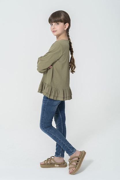 Organic Khaki Blouse with Ruffles on the Skirt and Buttons on the Back