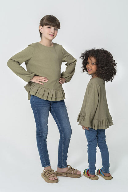 Organic Khaki Blouse with Ruffles on the Skirt and Buttons on the Back