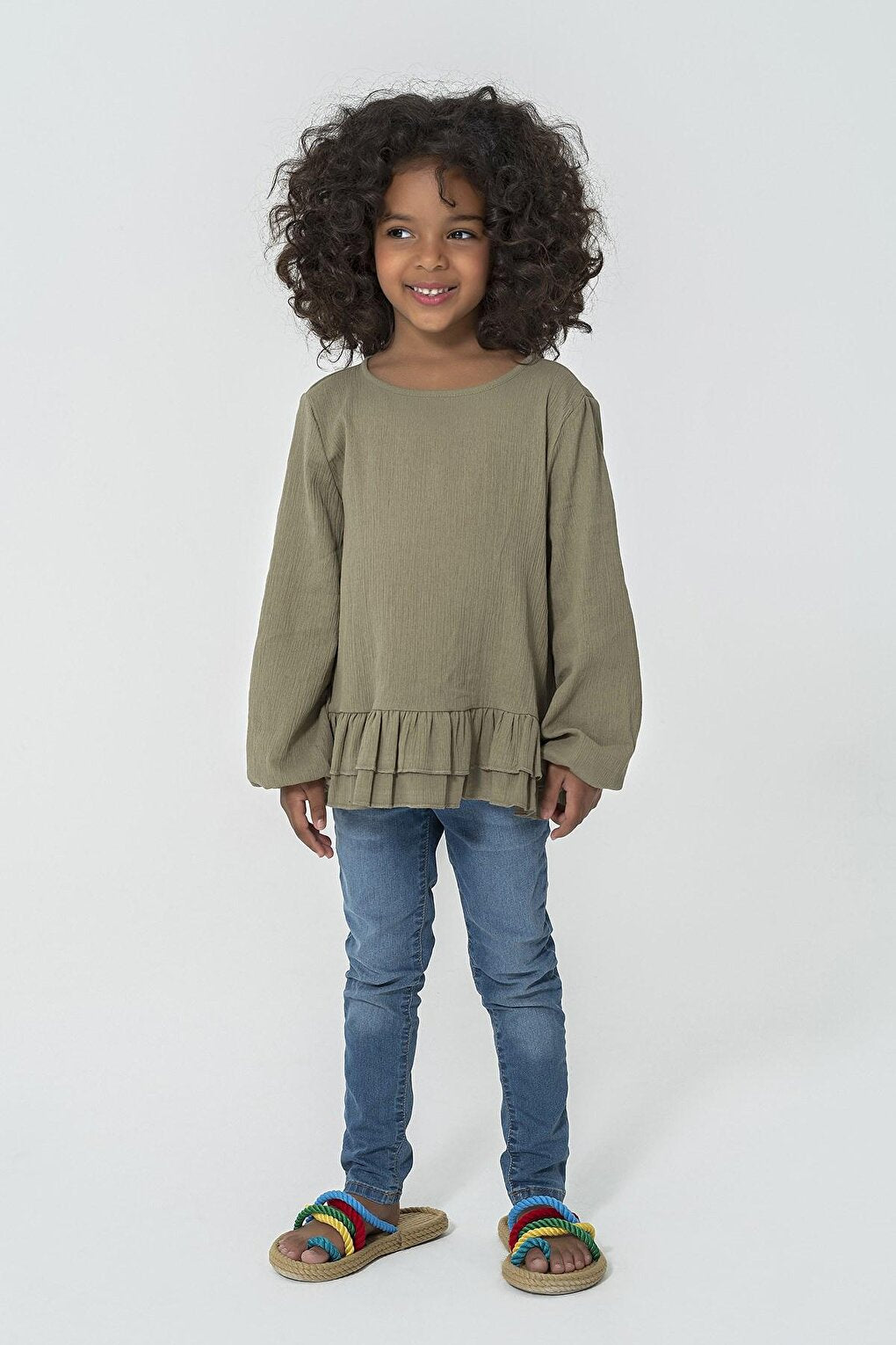 Organic Khaki Blouse with Ruffles on the Skirt and Buttons on the Back