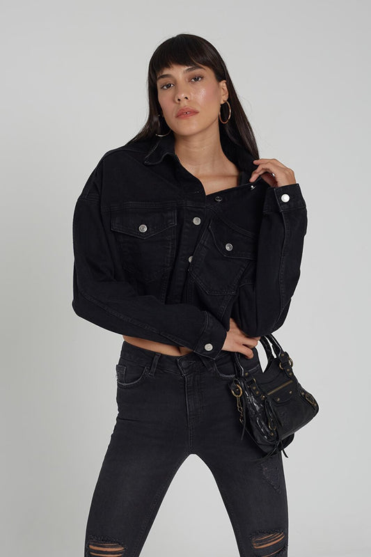 Black Oversize Buttoned Front Jean Jacket with Cut-Out Hem C 4538-028