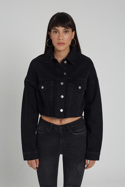 Black Oversize Buttoned Front Jean Jacket with Cut-Out Hem C 4538-028