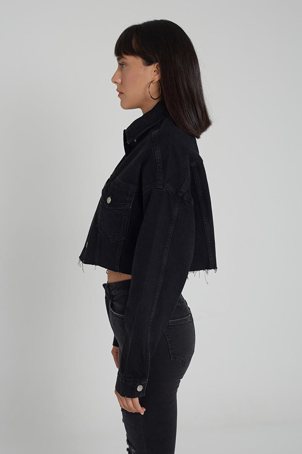 Black Oversize Buttoned Front Jean Jacket with Cut-Out Hem C 4538-028