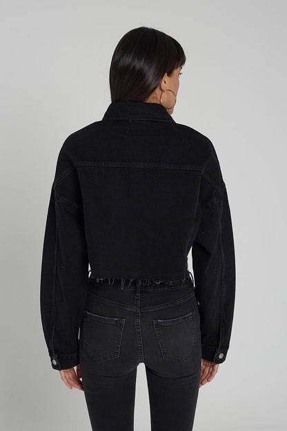 Black Oversize Buttoned Front Jean Jacket with Cut-Out Hem C 4538-028