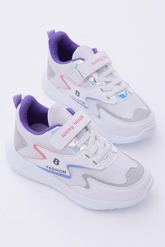 Children's Unisex White Hologram Comfortable Fit Rubber Laced Velcro Sports Shoes